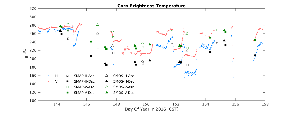 A graph measuring the corn brightness temperature.