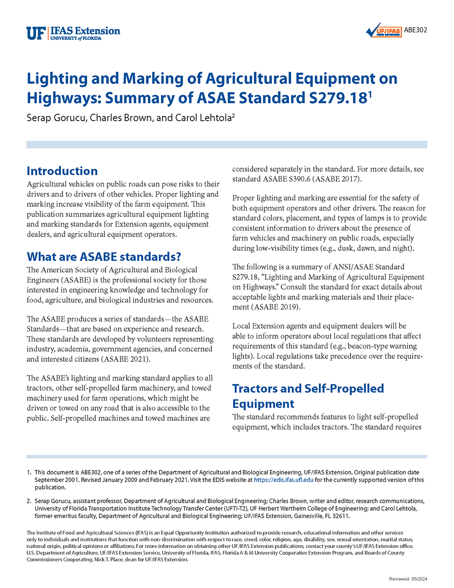 Screenshot of PDF document for Lighting and Marking of Agricultural Equipment on Highways: Summary of ASAE Standard S279.18