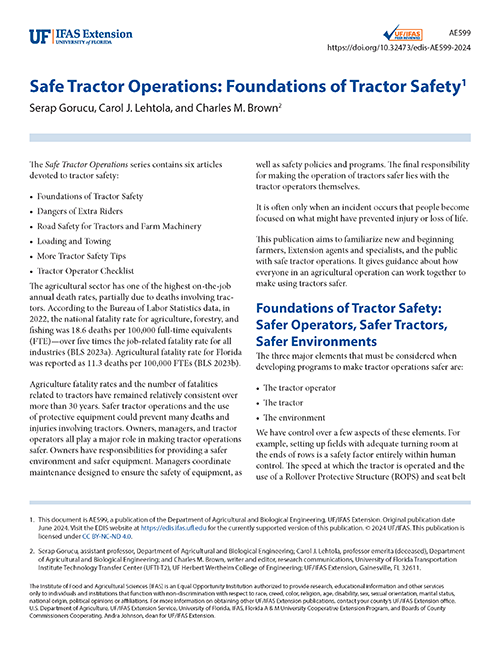 Screenshot of PDF document for Safe Tractor Operations: Foundations of Tractor Safety.