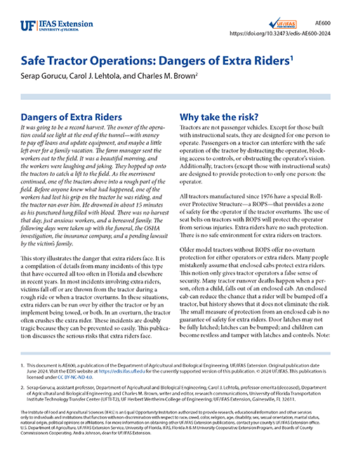 Screenshot of PDF document for Safe Tractor Operations: Dangers of Extra Riders