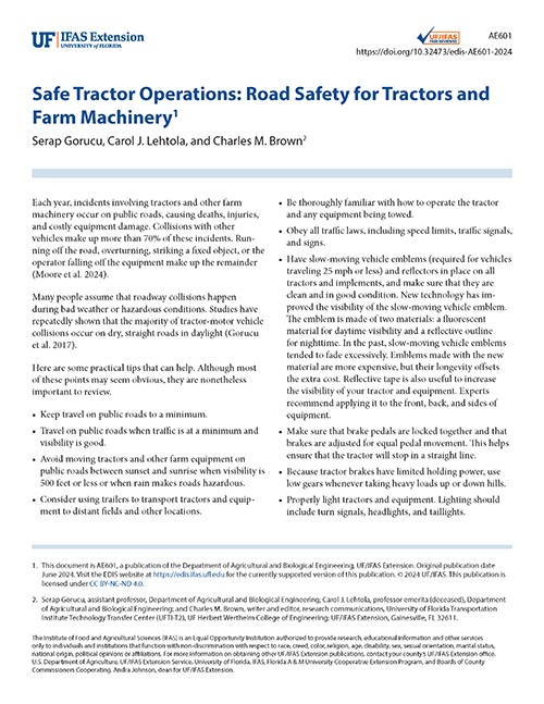 Screenshot of PDF document for  Safe Tractor Operations: Road Safety for Tractors and Farm Machinery