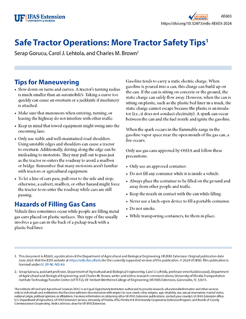 Screenshot of PDF document for Safe Tractor Operations: More Tractor Safety Tips