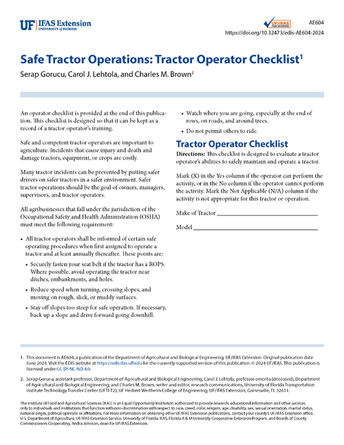 Safe Tractor Operations: Tractor Operator Checklist