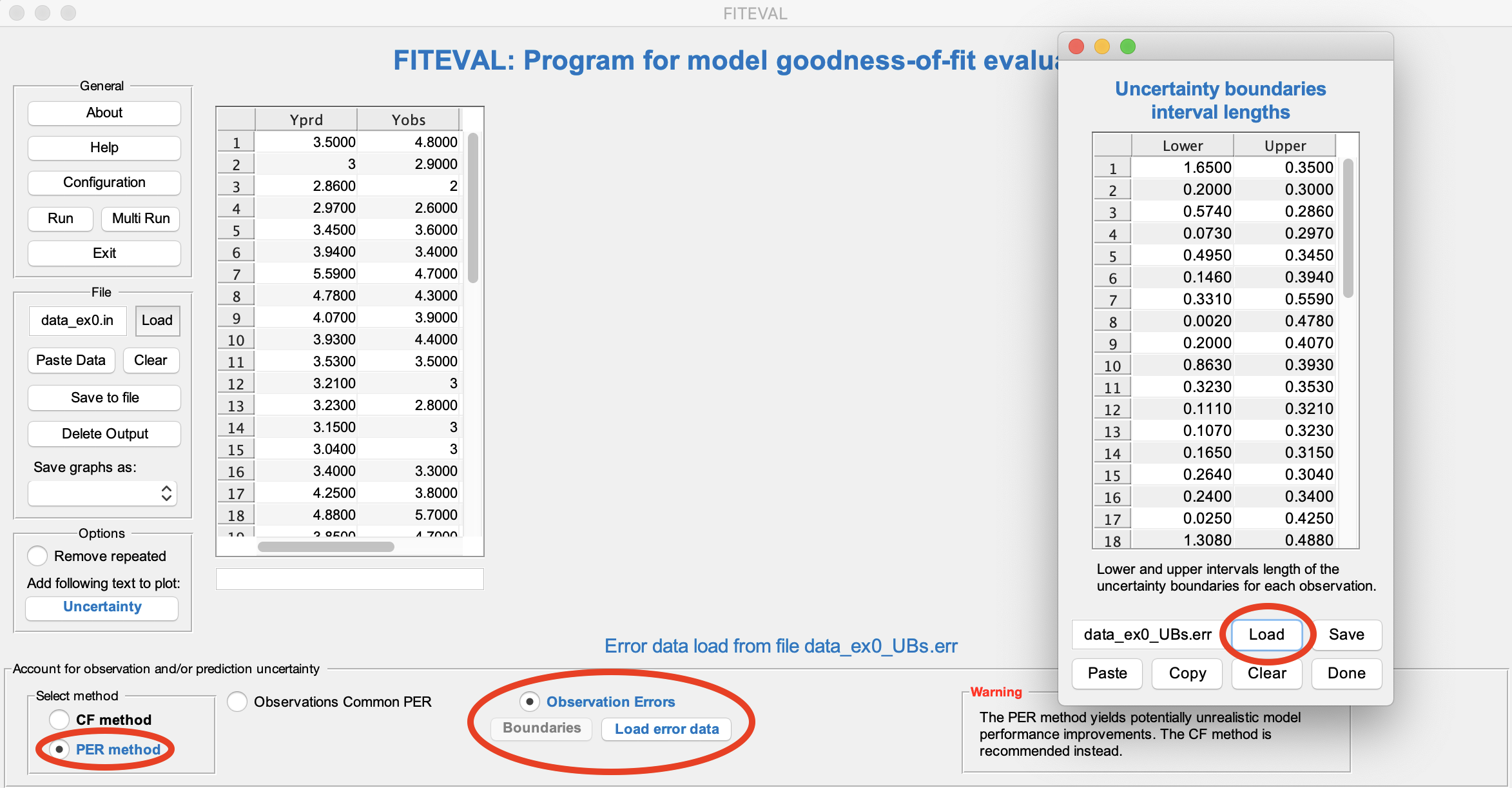 Screenshot of FITEVAL generated uncertainty data including probable error range -- PER
