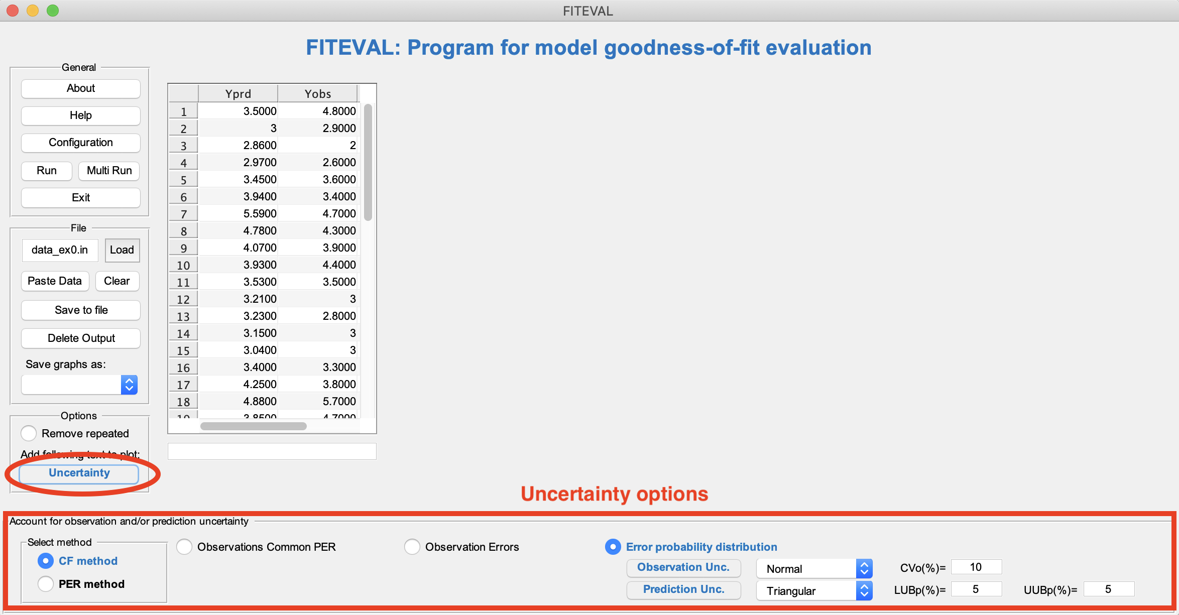 Screenshot showing the location of the Uncertainty Options within the FITEVAL GUI