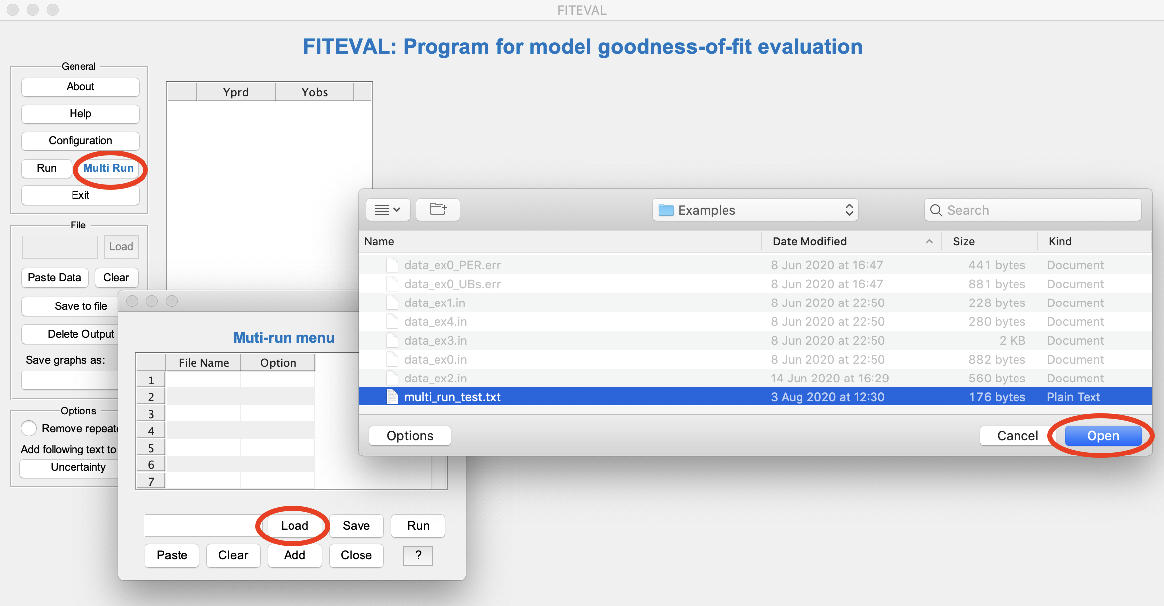Screenshot of FITEVAL GUI showing the user loading example file multi_run_text.txt