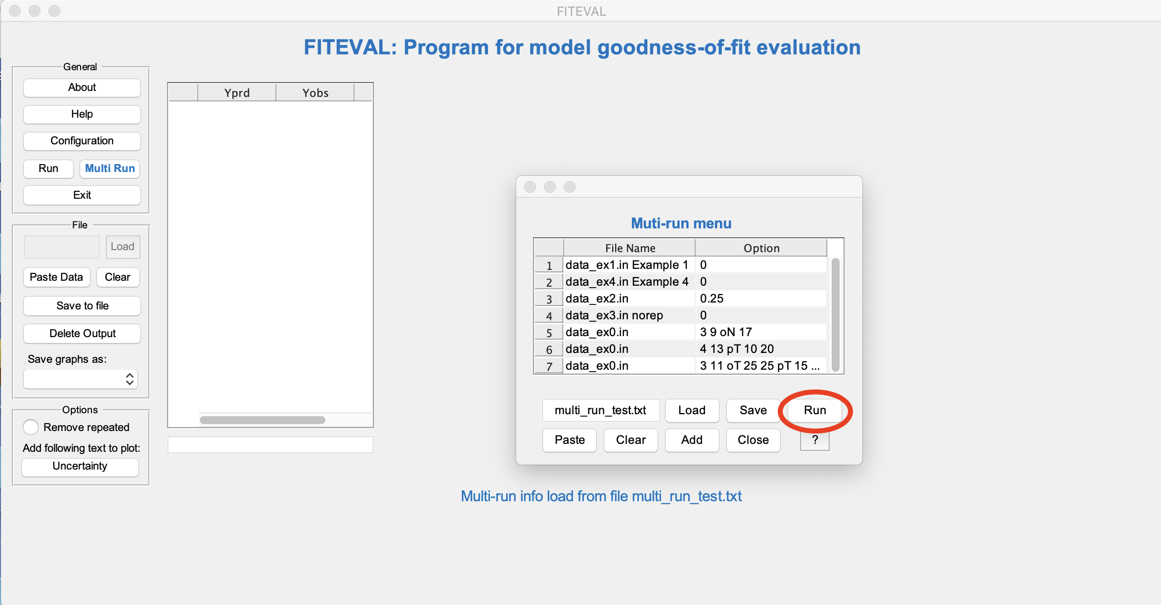 Screenshot of FITEVAL GUI showing the user loading example file multi_run_text.txt