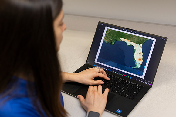 A student looking at a map of the state of Florida on their laptop.