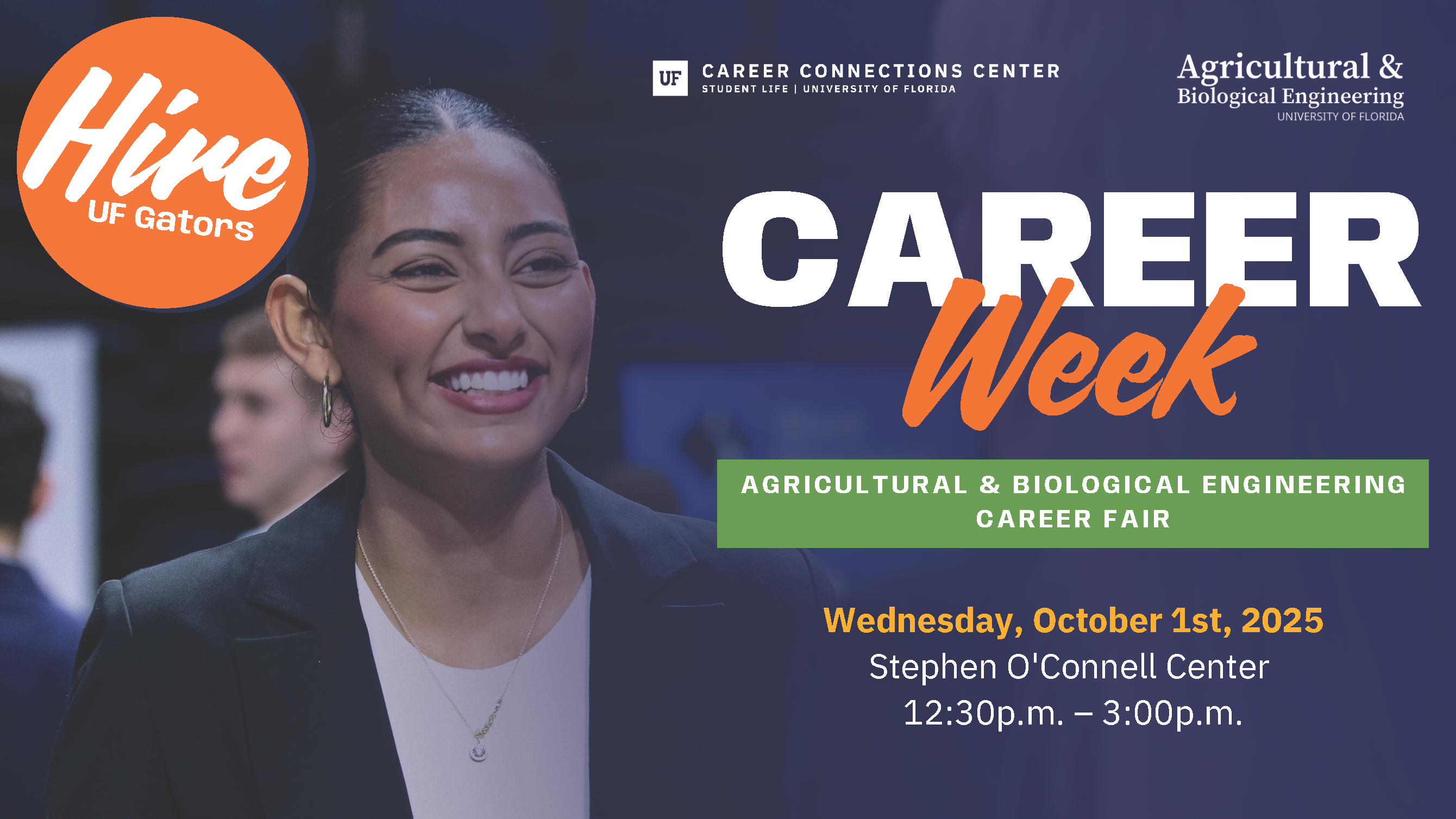 Banner image for the ABE Career Fair 2025, held on October 1 at the Stephen O'Connell Center at 12:30pm