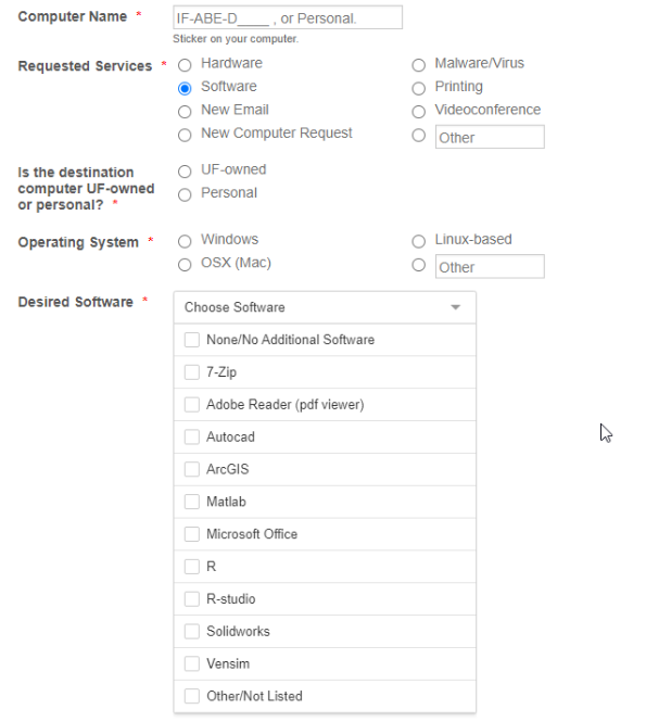 A screenshot of the ABE IT Support form with the Software option selected in Requested Services field. A list showing available software is expanded.