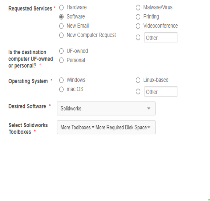 A screenshot of the ABE IT Support form with the Software option selected in Requested Services field, with SOLIDWORKS selected from the Software listing.