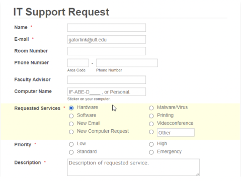 A screenshot of the ABE IT Support Form, with the 