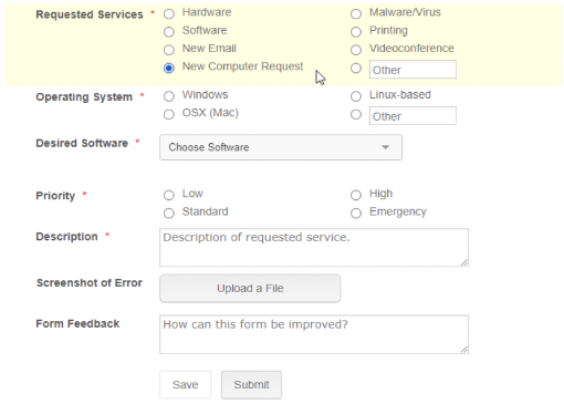 A screenshot of the ABE IT support form, with 